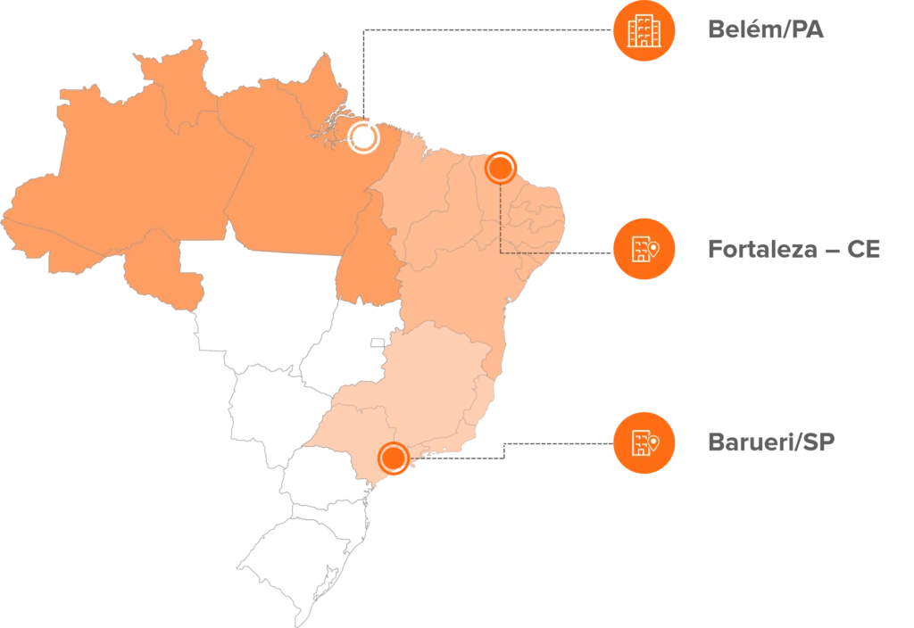 Mapa do Brasil com as unidades da Techlead em Belém, Fortaleza e Barueri